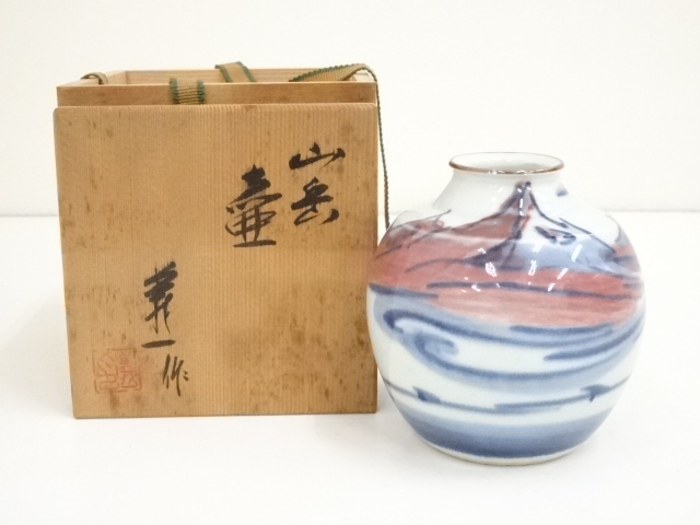 篠田義一造　染付山岳壷（共箱）